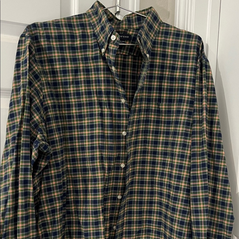 Lands' End Men's Blue and Yellow Plaid Shirt